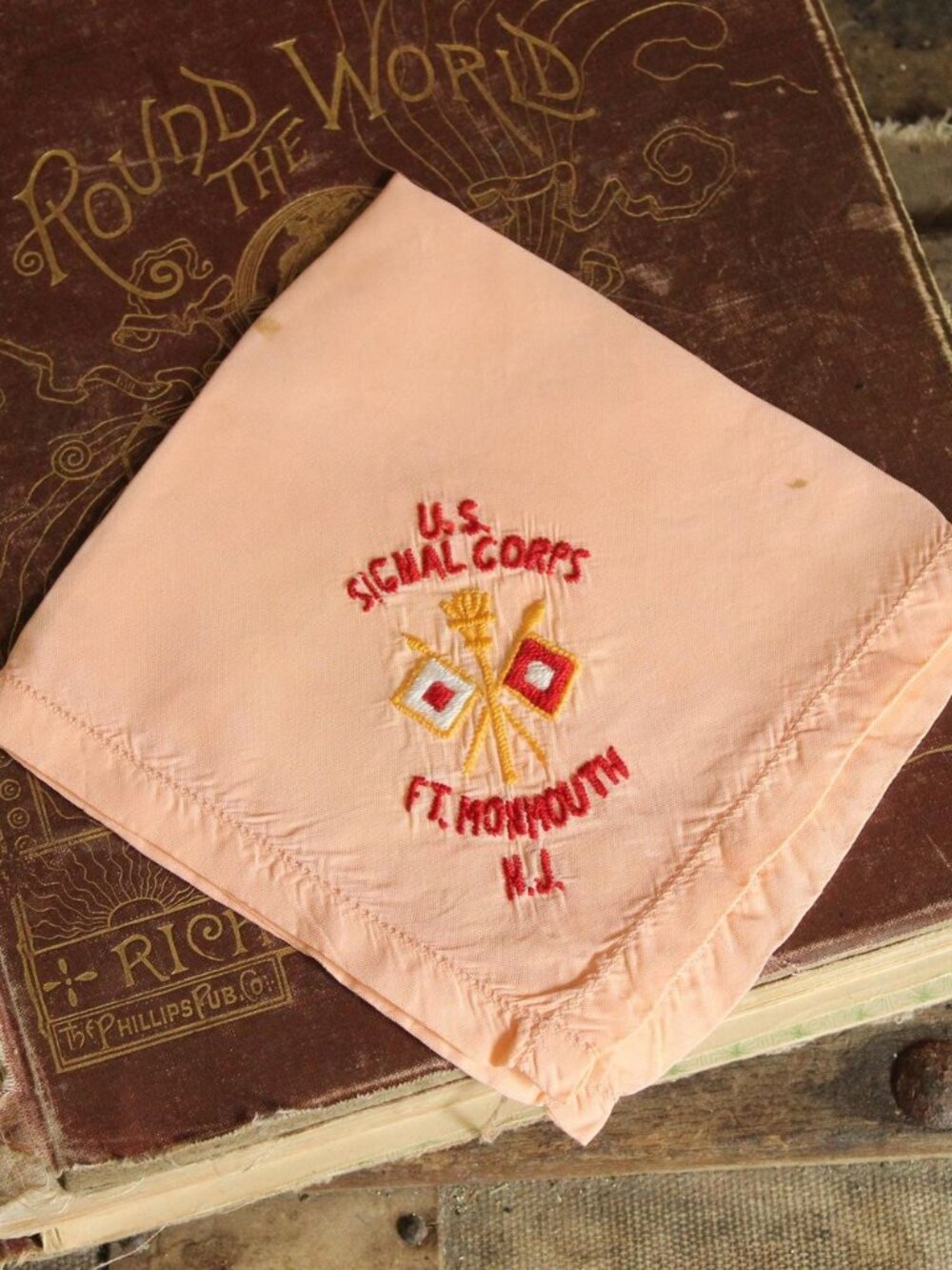 Vintage Handkerchief, US Signal Corps, Ft Monmouth NJ Souvenir Orange Rayon Coll